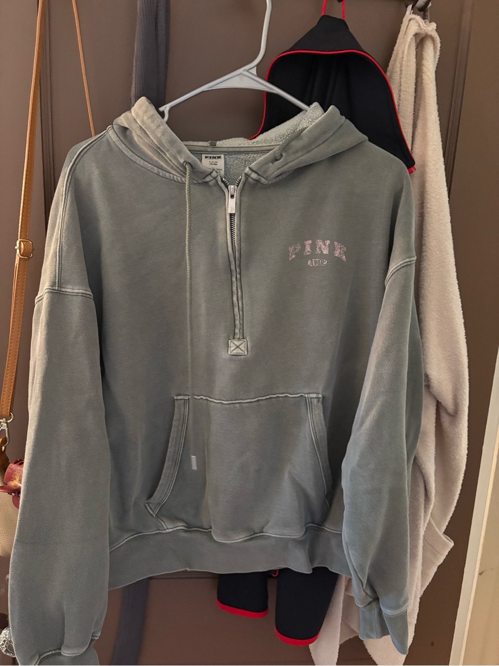 PINK Victoria's Secret Faded Sage Green Half-Zip Hoodie